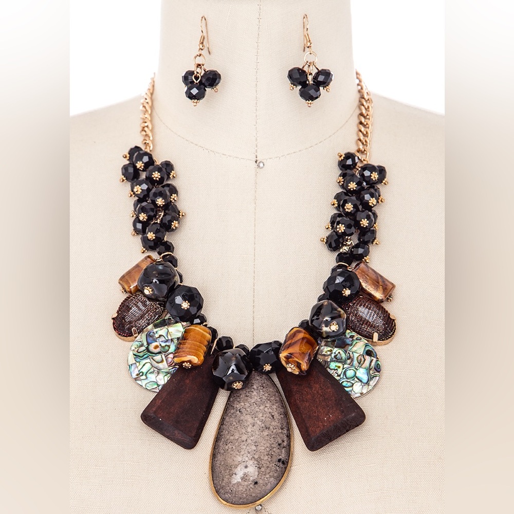 Black & Brown Geometric Mix Media & Wood Statement Necklace Set